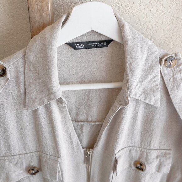 Zara Dress Sz M Khaki Linen Blend Collared Short Sleeve Cargo Pockets Tie Safari - Picture 3 of 7